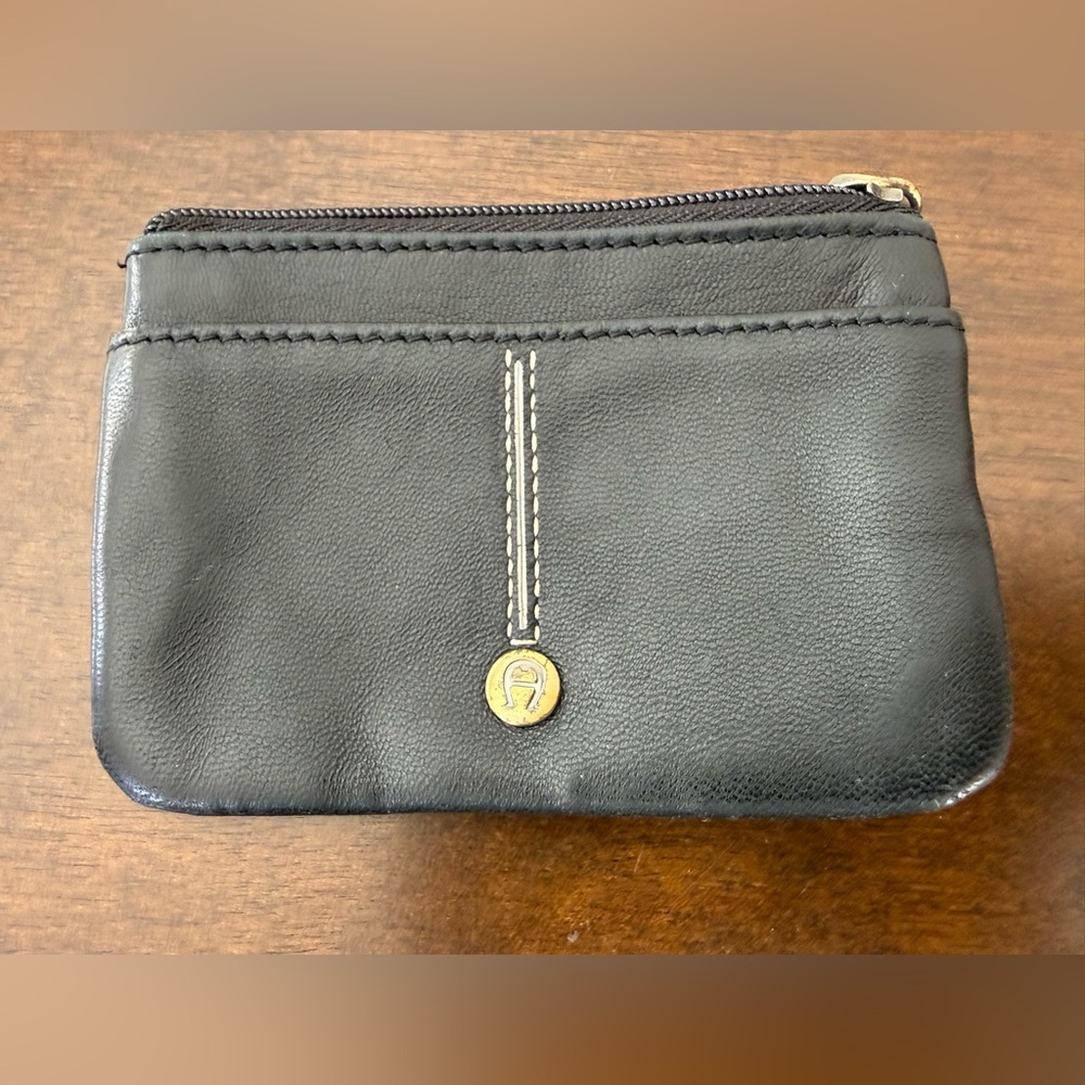 Etienne Aigner Black Lambskin Leather Coin & Card Holder ID Wallet